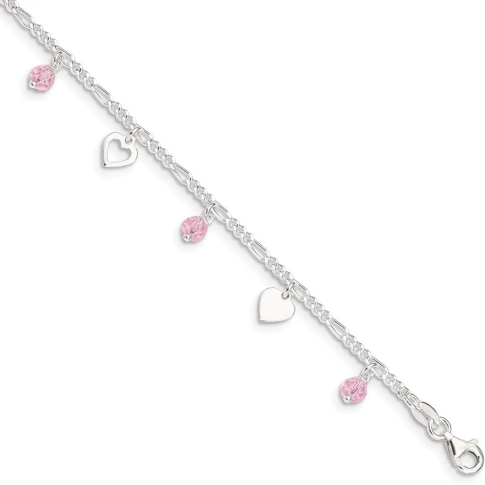 Solid 925 Sterling Silver 9 Heart and Rose Glass 1in Extension Anklet - with Secure Lobster Lock Clasp 9"