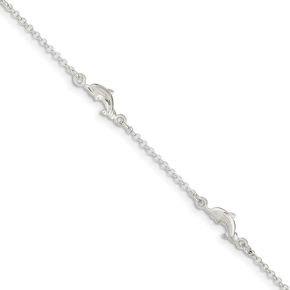 Solid 925 Sterling Silver Dolphin 1in Extension Anklet - with Secure Lobster Lock Clasp 9"