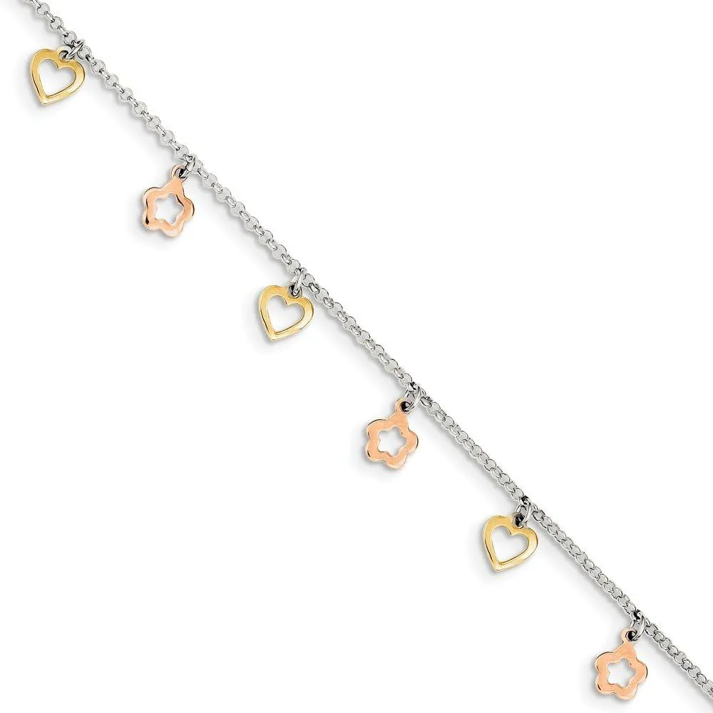 Solid 925 Sterling Silver Gold and Rose-tone Heart Flower 1in Extension Anklet - with Secure Lobster Lock Clasp 9"