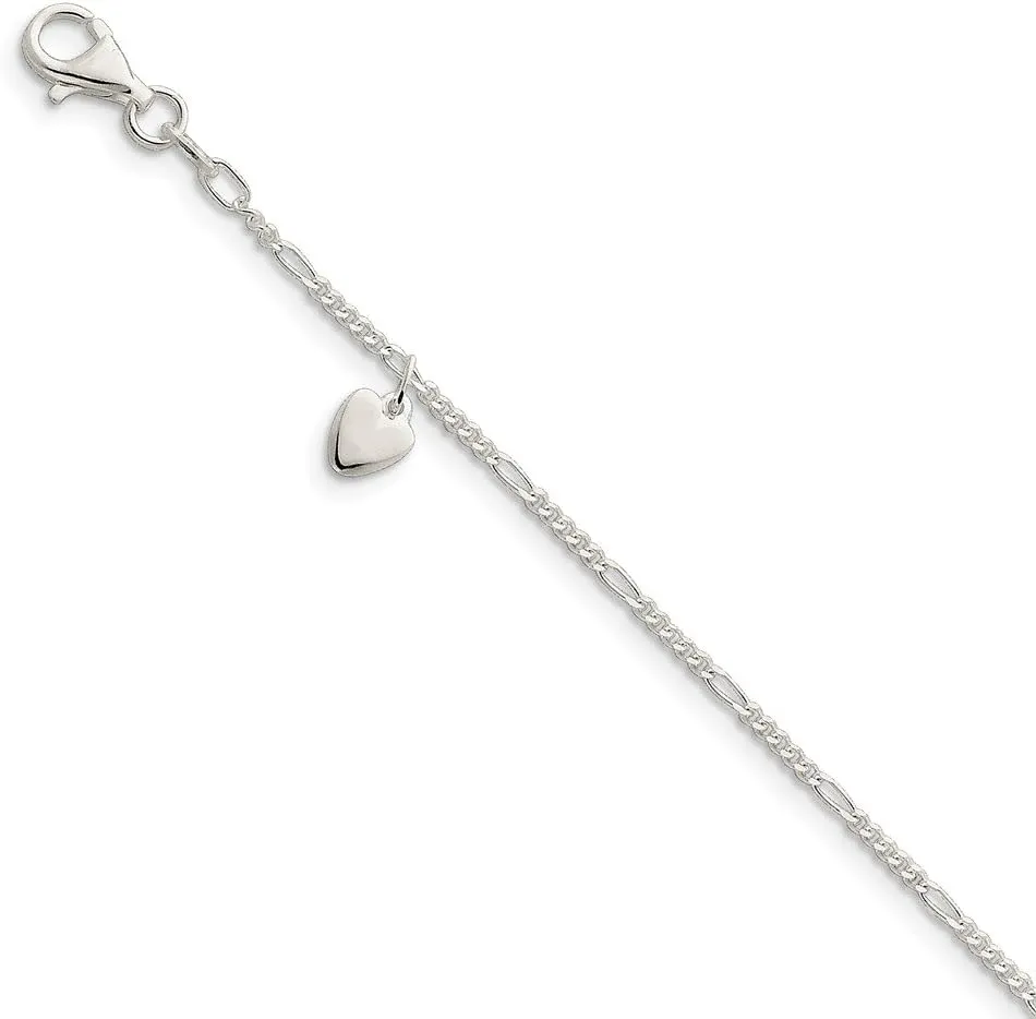 Solid 925 Sterling Silver Heart Anklet - with Secure Lobster Lock Clasp 9"
