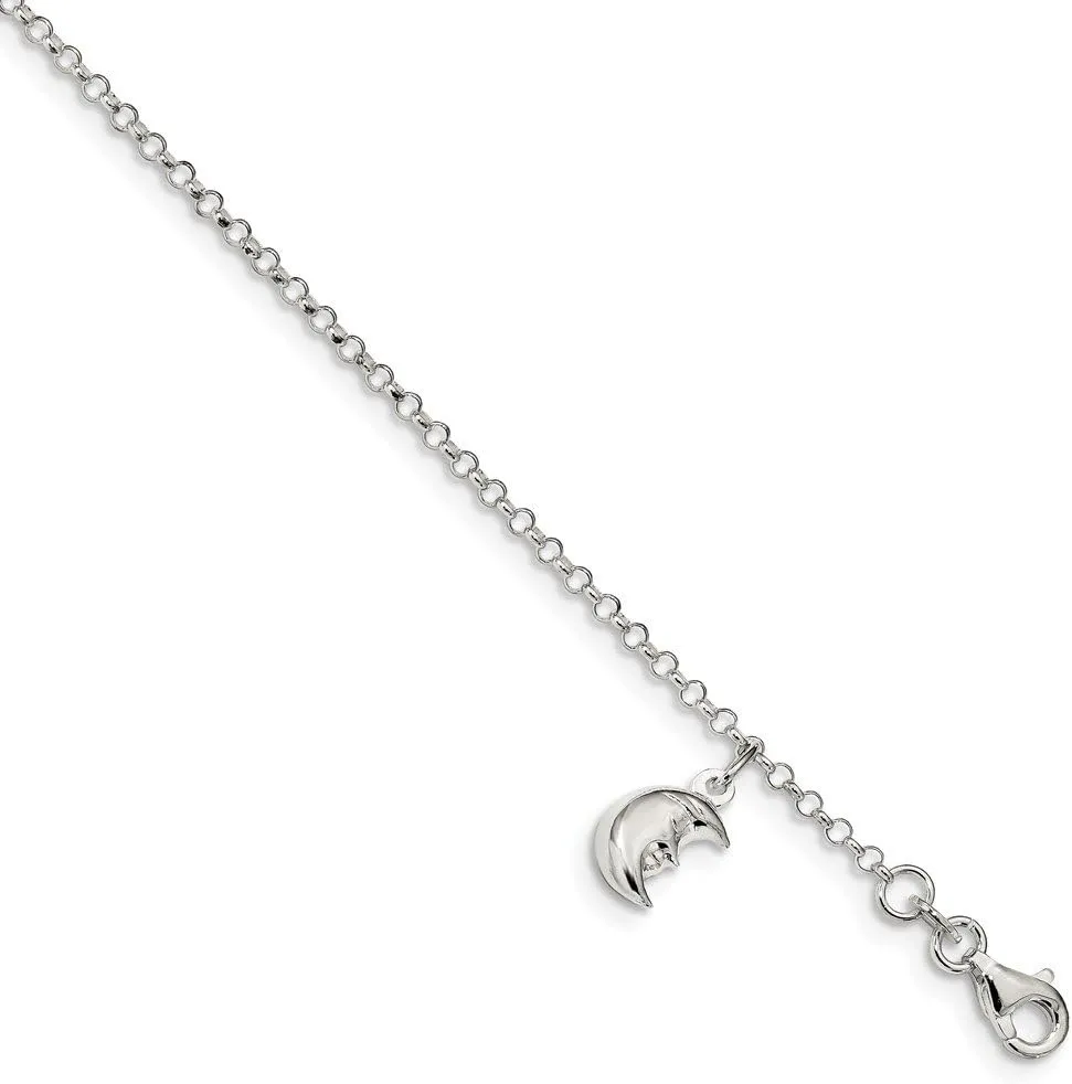 Solid 925 Sterling Silver Moon 10 inch 1 inch Extension Anklet - with Secure Lobster Lock Clasp 10" (Width = 1mm)