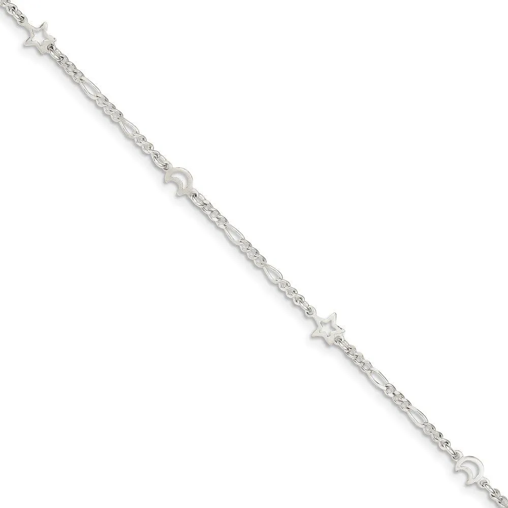 Solid 925 Sterling Silver Moon and Star 1in Extension Anklet - with Secure Lobster Lock Clasp 9"