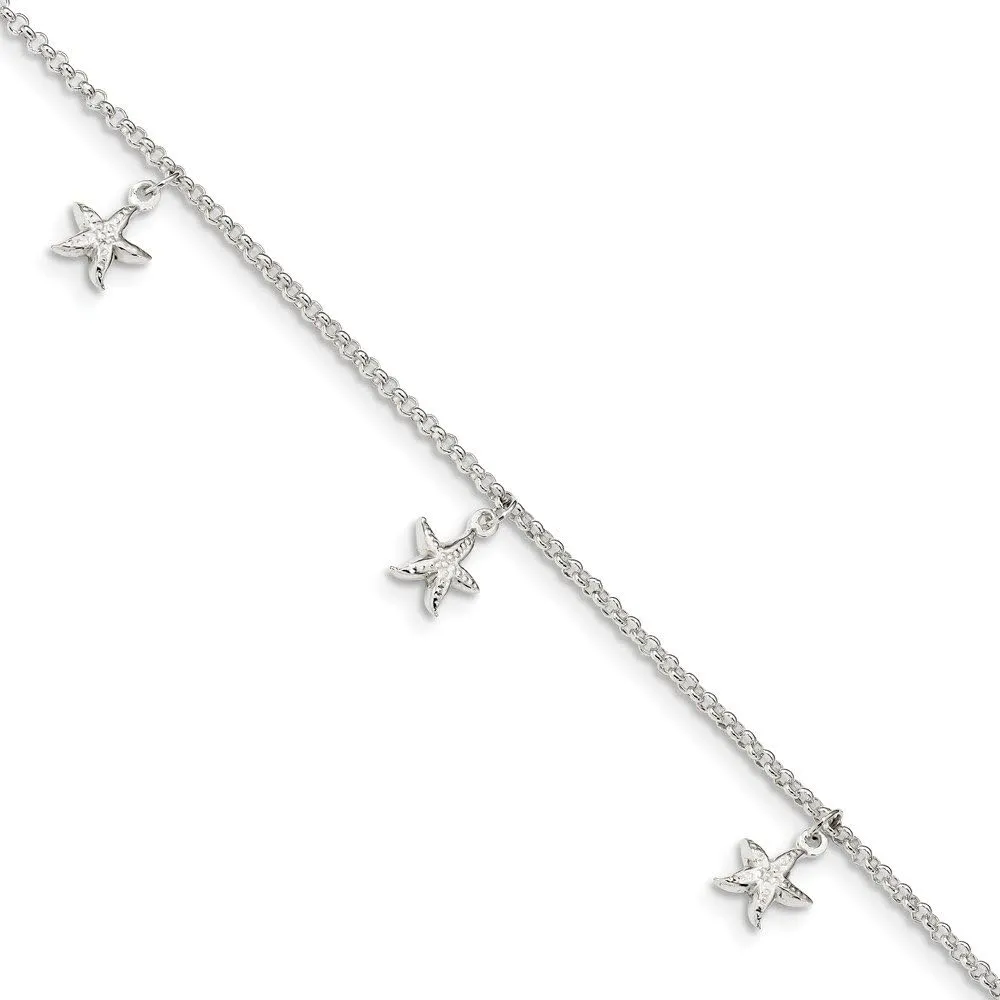 Solid 925 Sterling Silver Starfish Dangles 9 inch 1 inch Extension Anklet - with Secure Lobster Lock Clasp 9" (Width = 1mm)