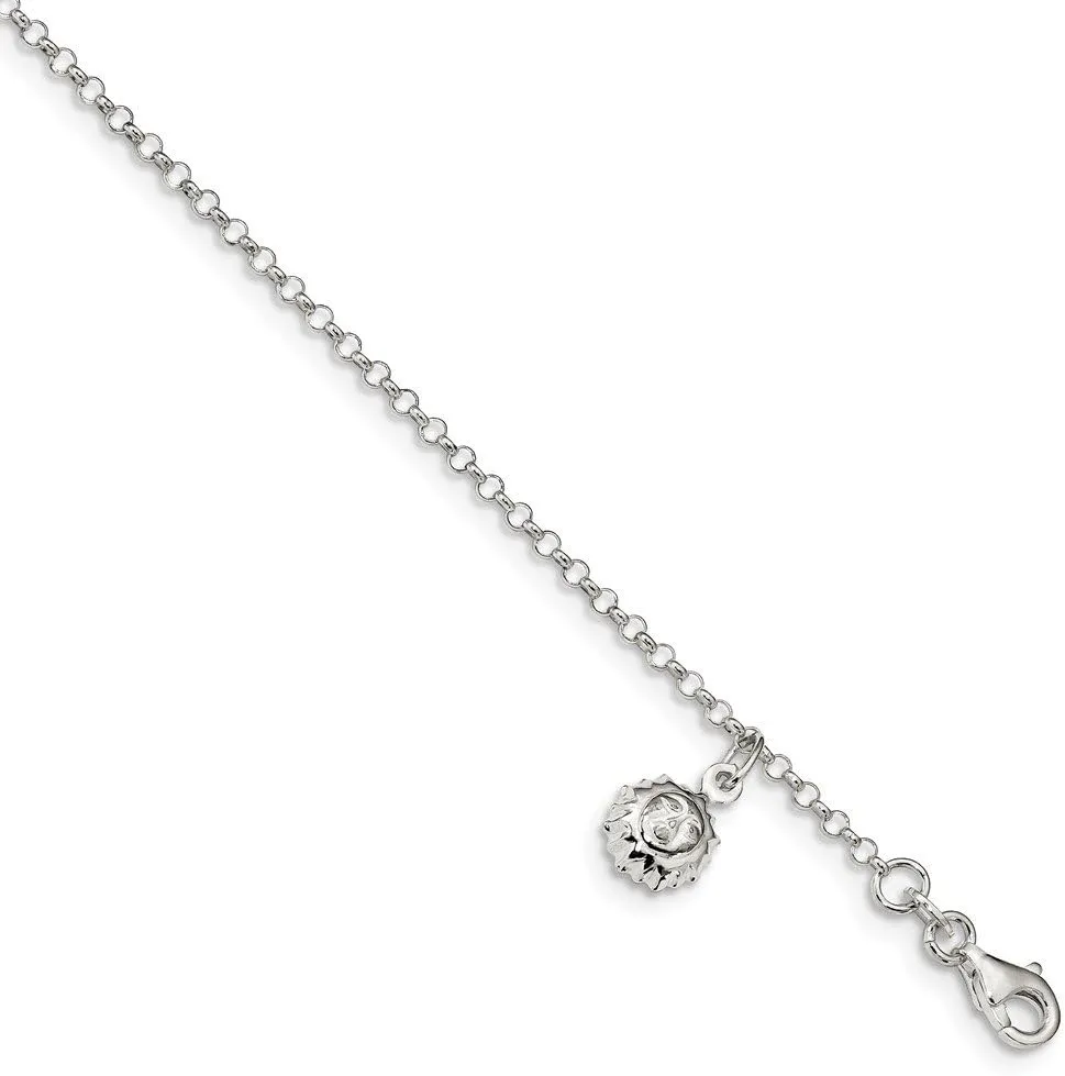 Solid 925 Sterling Silver Sun 10 inch 1 inch Extension Anklet - with Secure Lobster Lock Clasp 10" (Width = 1mm)