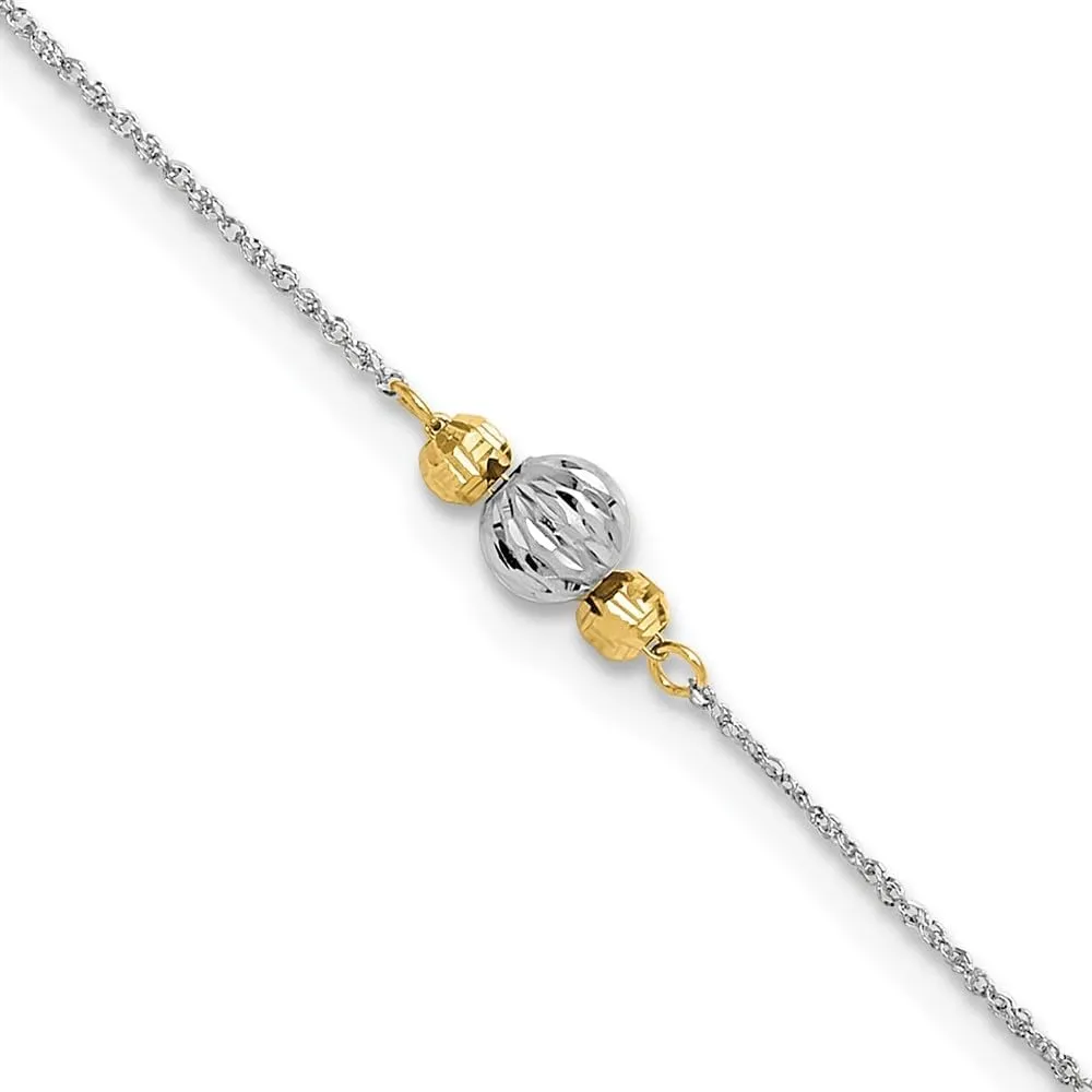 Sonia Jewels Real 14K White Gold Rope Two-tone Diamond-Cut Bead 1in Ext Anklet 9"