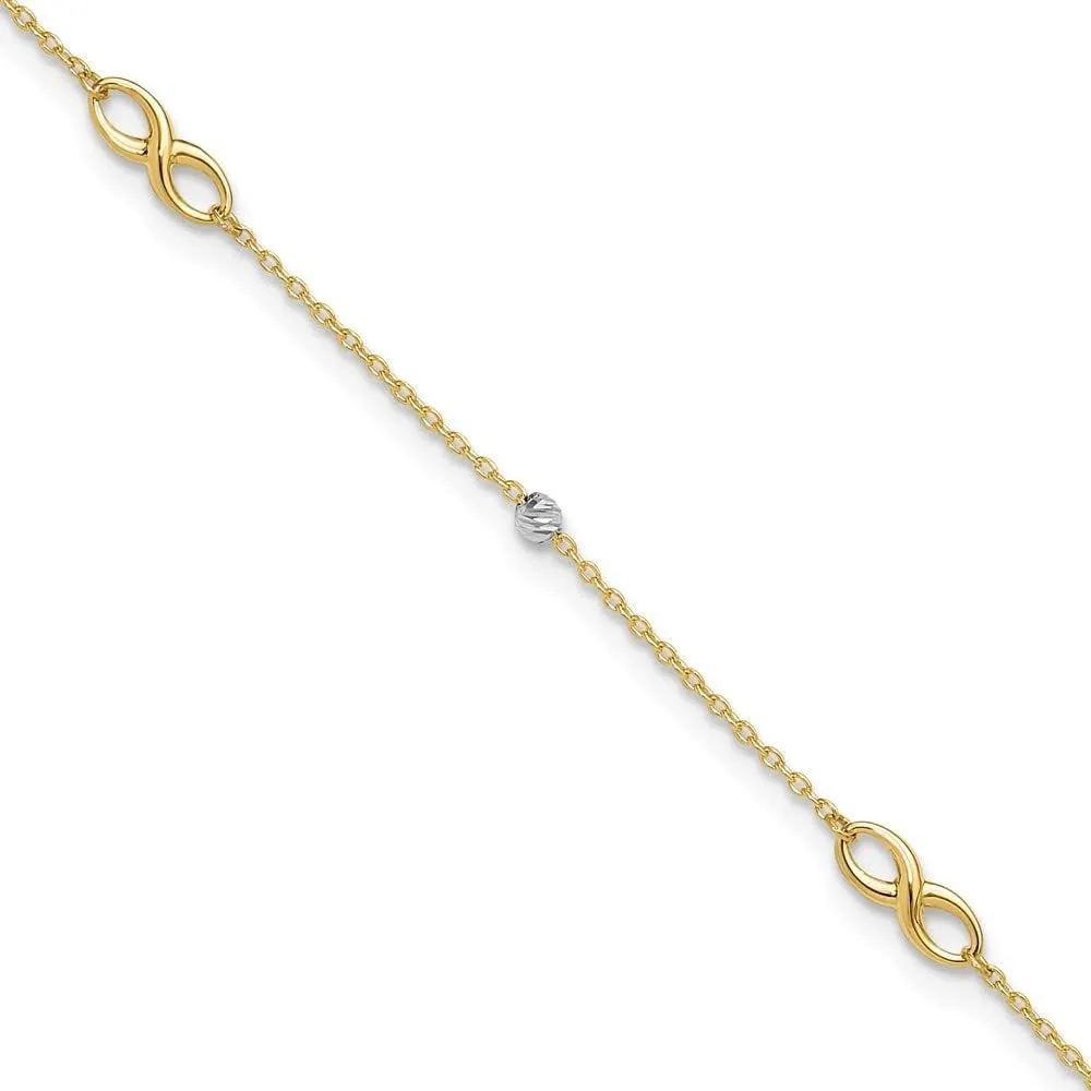 Sonia Jewels Real 14k Yellow and White Gold Two Tone Diamond-Cut Beads and Infinity Love Knot Symbol 1in Extension Anklet 10"