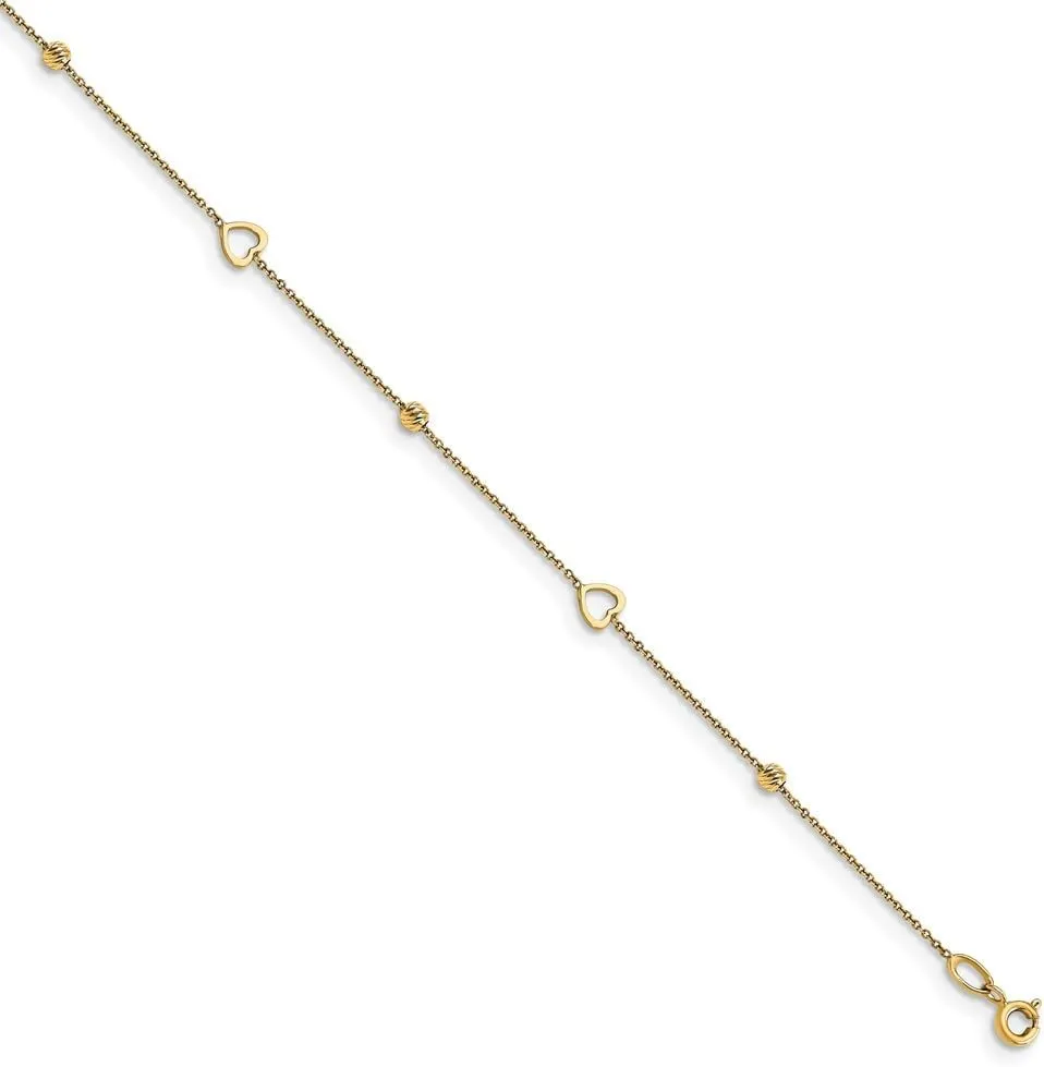 Sonia Jewels Real 14k Yellow Gold and Diamond-Cut Heart Anklet 1in Extension 10" (Width = 2mm)