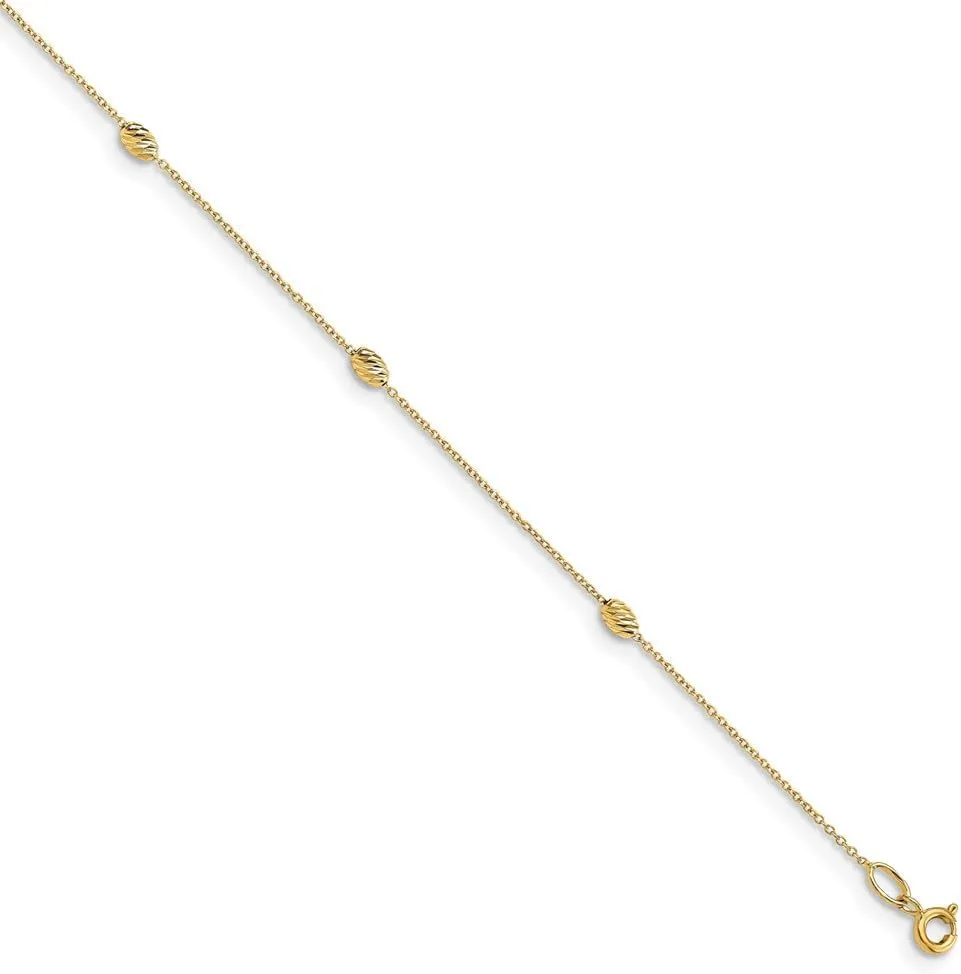 Sonia Jewels Real 14k Yellow Gold and Diamond-Cut with 1in Extension Anklet 10" (Width = 6mm)