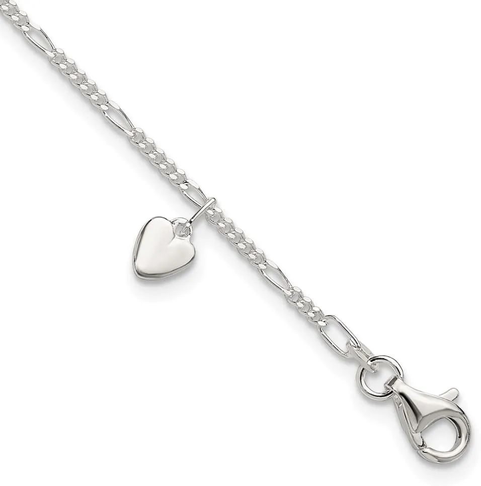 Sonia Jewels Real 925 Sterling Silver 10inch Dangling Hearts on Figaro Anklet - with Secure Lobster Lock Clasp 10"