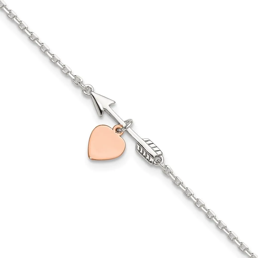Sonia Jewels Real 925 Sterling Silver Arrow Rose-tone Heart 10in 1Ext Anklet - with Secure Lobster Lock Clasp 10" (Width = 1mm)