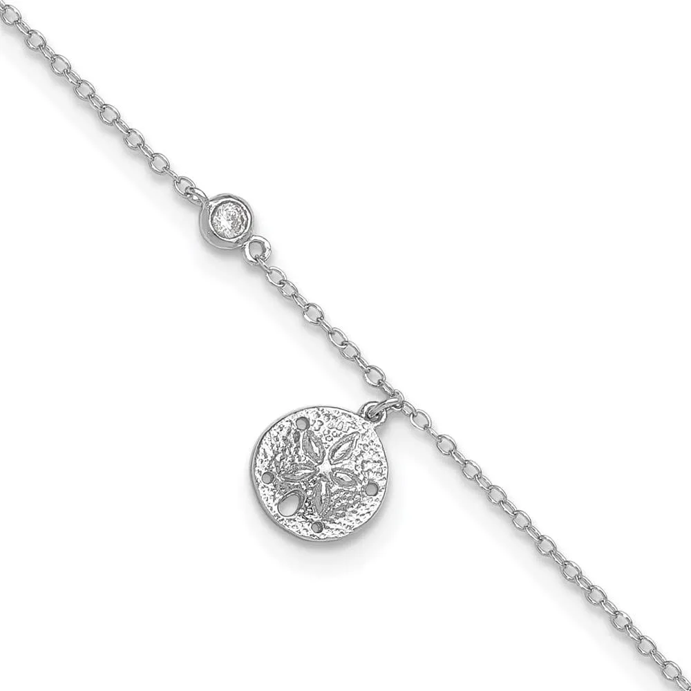 Sonia Jewels Real 925 Sterling Silver CZ Cubic Zirconia and Sand Dollar 1in Extension Anklet 9" (Width = 9mm)