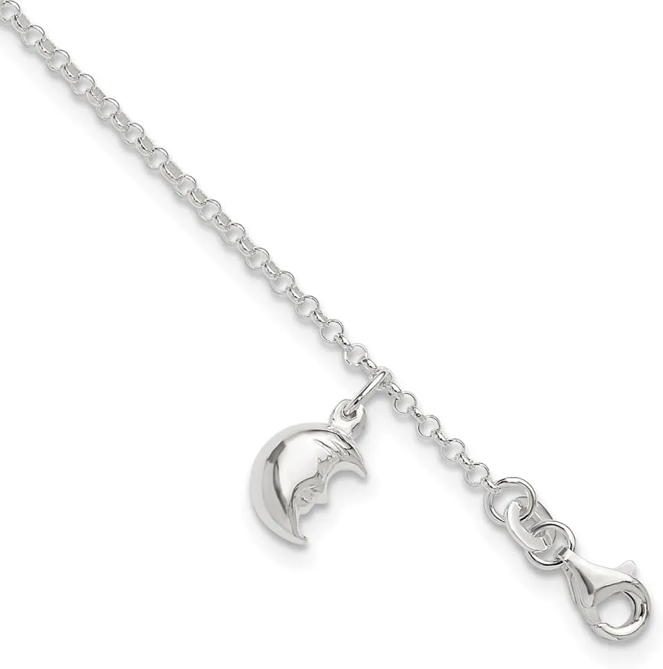 Sonia Jewels Real 925 Sterling Silver Moon 10 inch 1 inch Extension Anklet - with Secure Lobster Lock Clasp 10" (Width = 1mm)