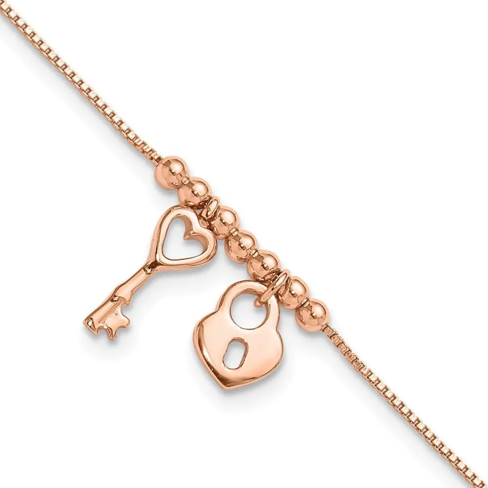 Sonia Jewels Real 925 Sterling Silver Rose-tone Heart Lock 9in 1in Anklet 9" (Width = 1mm)