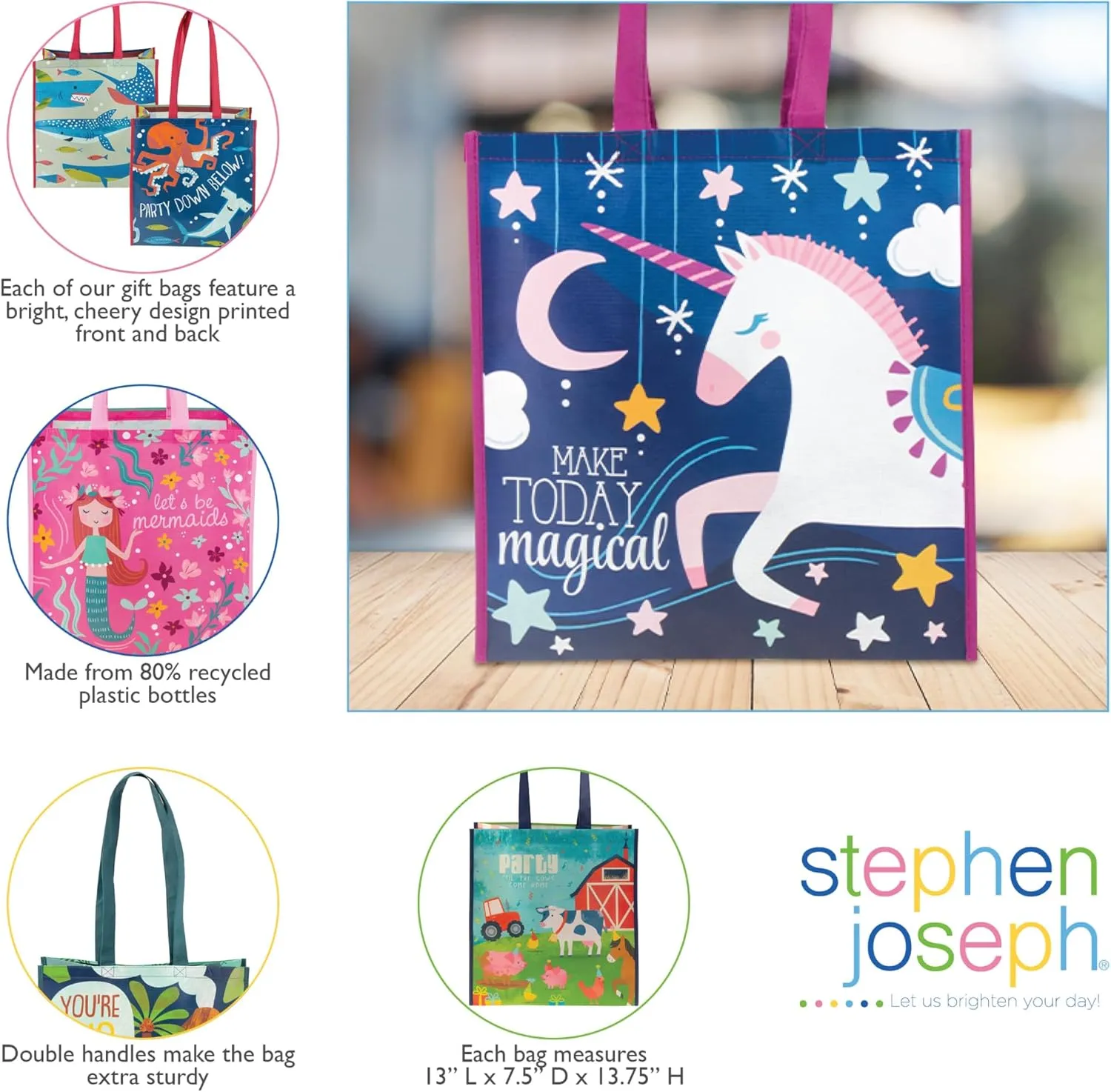 Stephen Joseph, Large Recycled Gift Bag with Handles, Kids, Reusable, Birthday Party Gift Bag, Shopping Bag