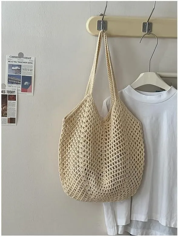 Straw Mesh Tote Beach Shoulder Purse Hand-Woven Hobo Bag for Women Large Capacity Purse for Shopping Holiday Beige