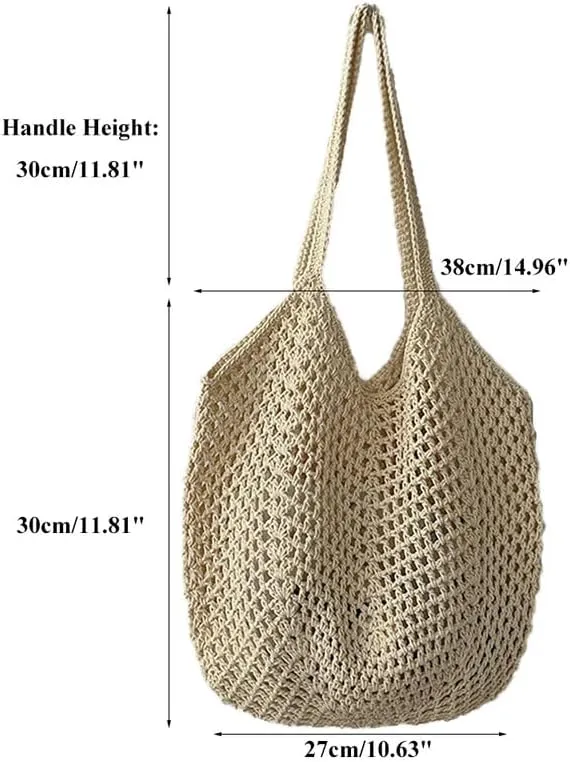 Straw Mesh Tote Beach Shoulder Purse Hand-Woven Hobo Bag for Women Large Capacity Purse for Shopping Holiday Beige