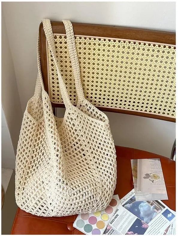 Straw Mesh Tote Beach Shoulder Purse Hand-Woven Hobo Bag for Women Large Capacity Purse for Shopping Holiday Beige
