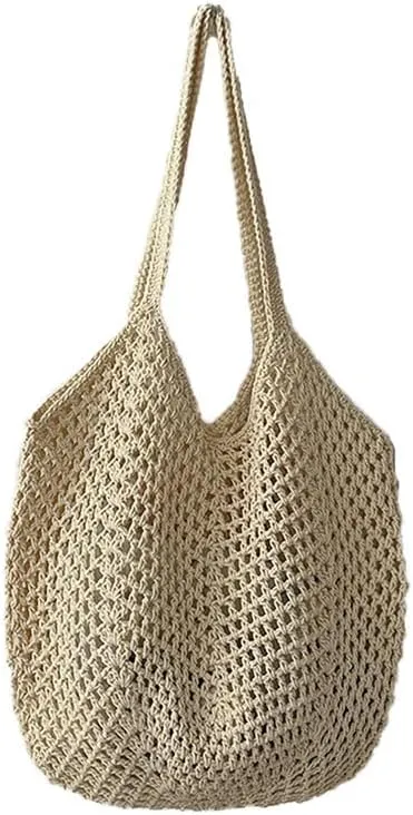 Straw Mesh Tote Beach Shoulder Purse Hand-Woven Hobo Bag for Women Large Capacity Purse for Shopping Holiday Beige