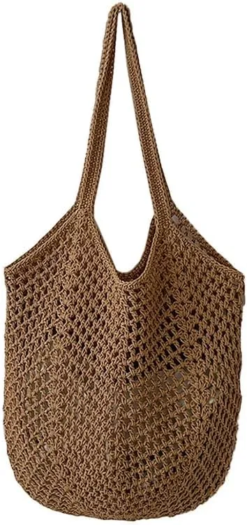 Straw Mesh Tote Beach Shoulder Purse Hand-Woven Hobo Bag for Women Large Capacity Purse for Shopping Holiday Brown