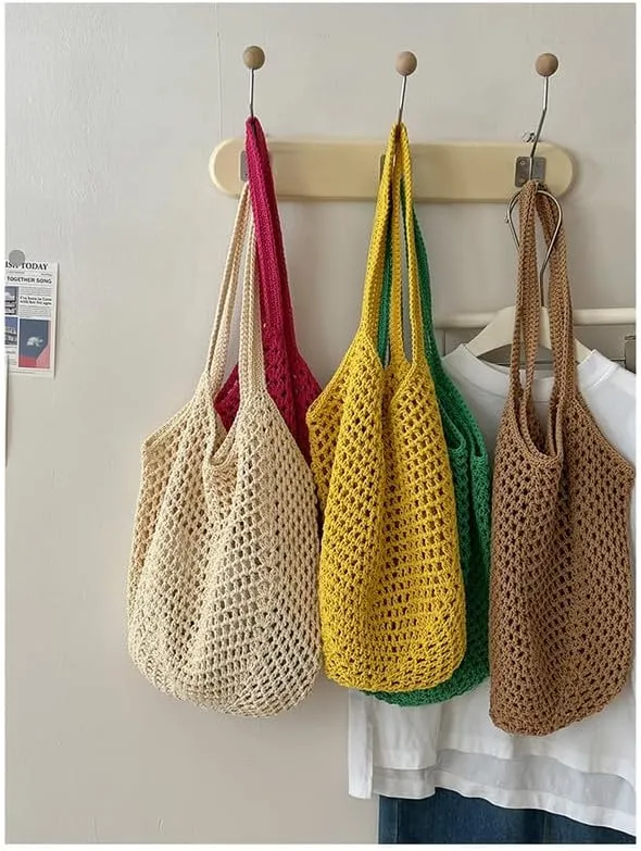 Straw Mesh Tote Beach Shoulder Purse Hand-Woven Hobo Bag for Women Large Capacity Purse for Shopping Holiday Brown