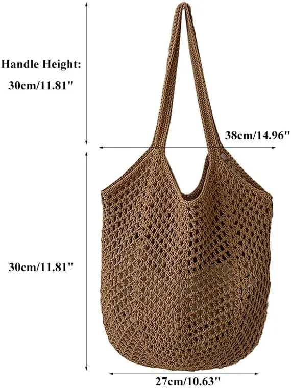 Straw Mesh Tote Beach Shoulder Purse Hand-Woven Hobo Bag for Women Large Capacity Purse for Shopping Holiday Brown