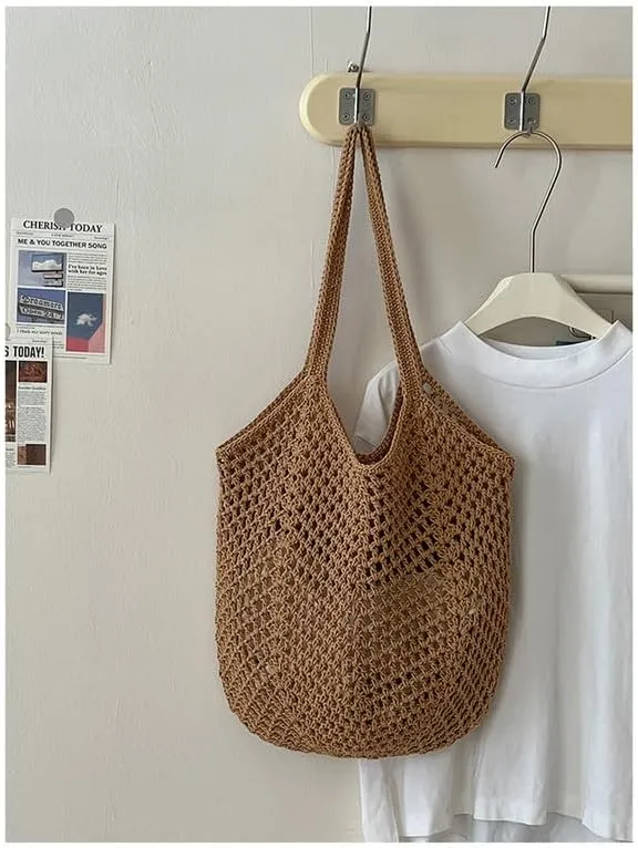 Straw Mesh Tote Beach Shoulder Purse Hand-Woven Hobo Bag for Women Large Capacity Purse for Shopping Holiday Brown