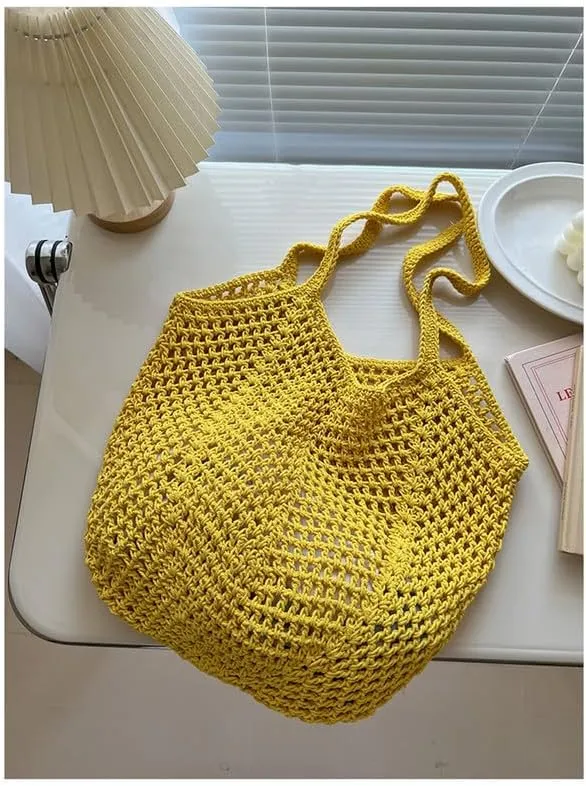 Straw Mesh Tote Beach Shoulder Purse Hand-Woven Hobo Bag for Women Large Capacity Purse for Shopping Holiday Yellow
