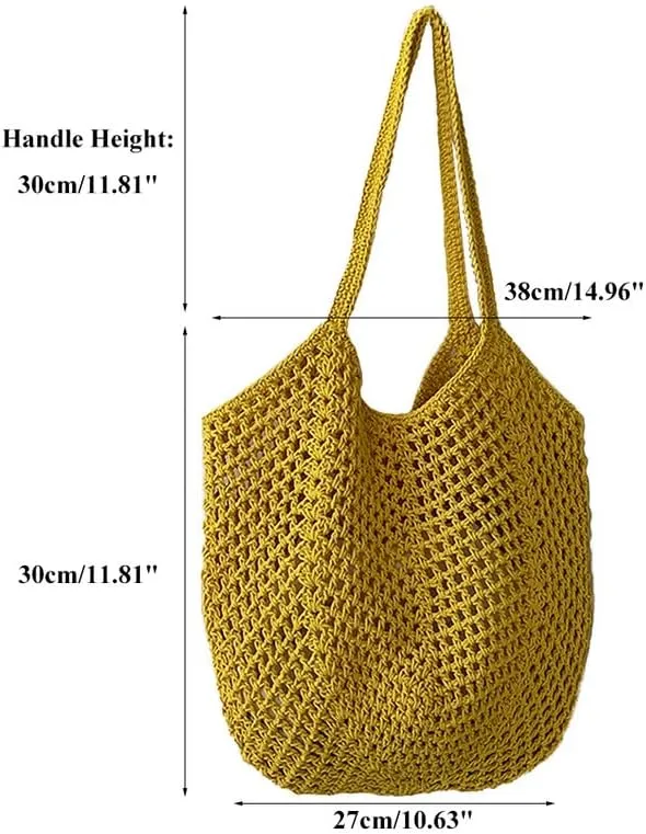 Straw Mesh Tote Beach Shoulder Purse Hand-Woven Hobo Bag for Women Large Capacity Purse for Shopping Holiday Yellow