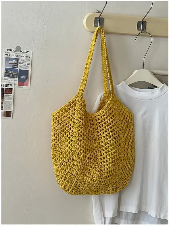 Straw Mesh Tote Beach Shoulder Purse Hand-Woven Hobo Bag for Women Large Capacity Purse for Shopping Holiday Yellow