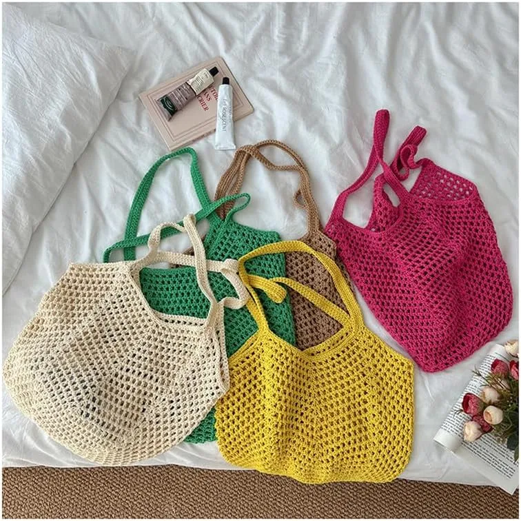 Straw Mesh Tote Beach Shoulder Purse Hand-Woven Hobo Bag for Women Large Capacity Purse for Shopping Holiday Yellow