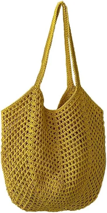 Straw Mesh Tote Beach Shoulder Purse Hand-Woven Hobo Bag for Women Large Capacity Purse for Shopping Holiday Yellow