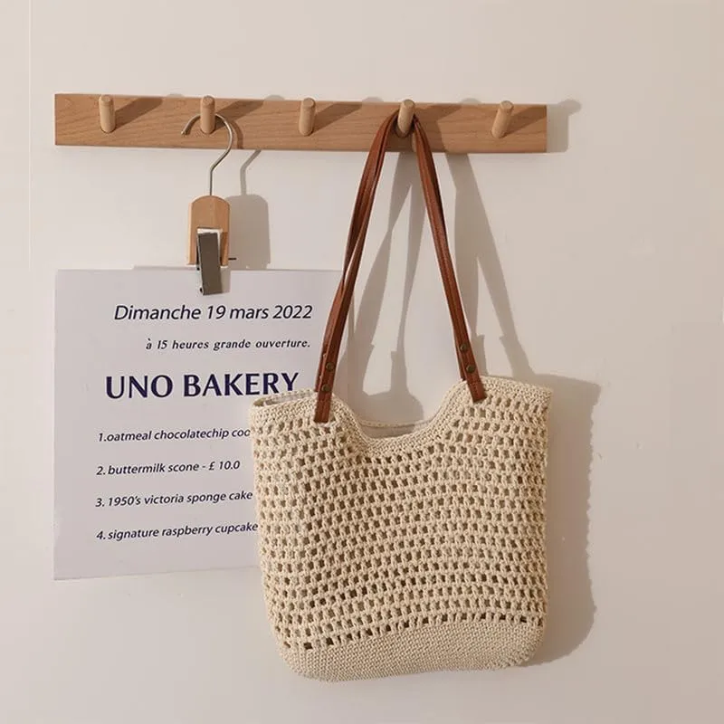 Straw Mesh Tote Beach Shoulder Purse Shopping Hand-Woven Hobo Bag for Women Large Capacity Purse for Holiday Beige
