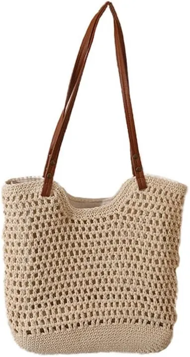 Straw Mesh Tote Beach Shoulder Purse Shopping Hand-Woven Hobo Bag for Women Large Capacity Purse for Holiday Beige