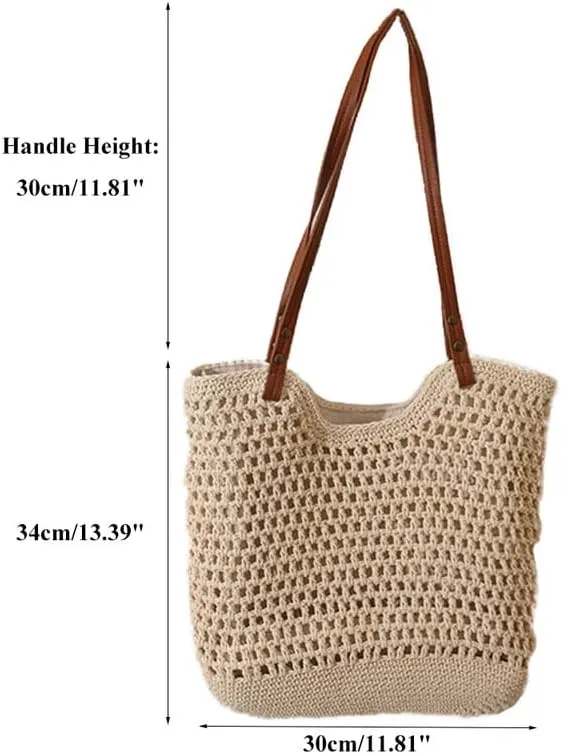 Straw Mesh Tote Beach Shoulder Purse Shopping Hand-Woven Hobo Bag for Women Large Capacity Purse for Holiday Beige