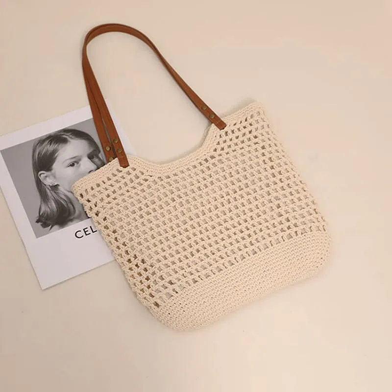 Straw Mesh Tote Beach Shoulder Purse Shopping Hand-Woven Hobo Bag for Women Large Capacity Purse for Holiday Beige