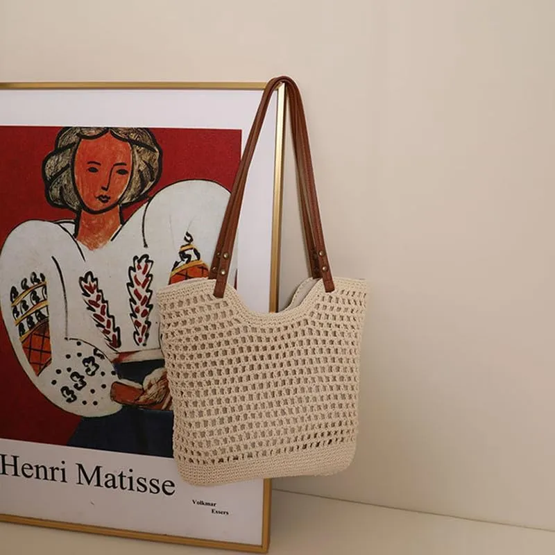 Straw Mesh Tote Beach Shoulder Purse Shopping Hand-Woven Hobo Bag for Women Large Capacity Purse for Holiday Beige