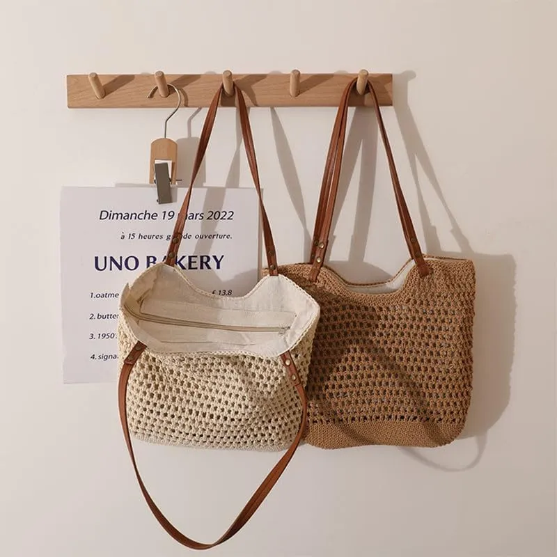 Straw Mesh Tote Beach Shoulder Purse Shopping Hand-Woven Hobo Bag for Women Large Capacity Purse for Holiday Brown