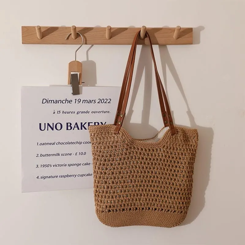 Straw Mesh Tote Beach Shoulder Purse Shopping Hand-Woven Hobo Bag for Women Large Capacity Purse for Holiday Brown