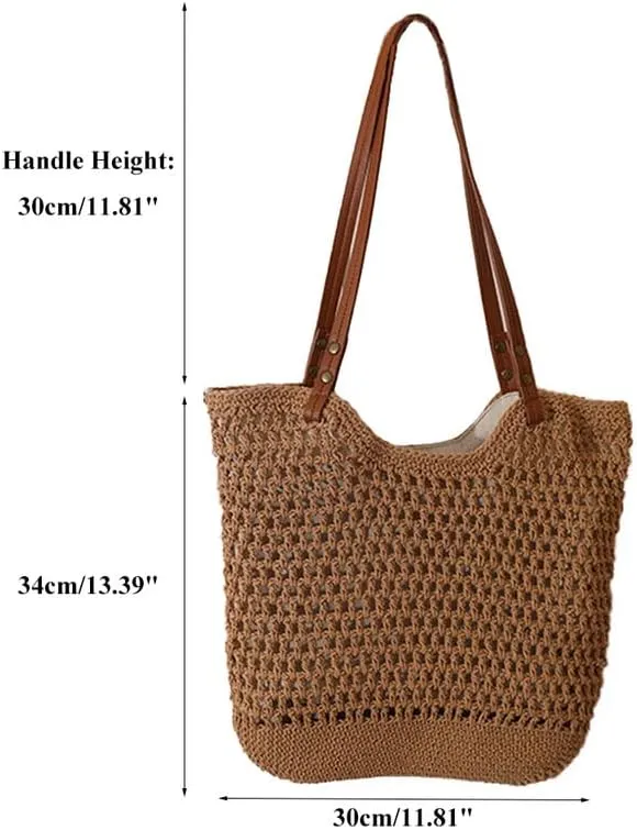 Straw Mesh Tote Beach Shoulder Purse Shopping Hand-Woven Hobo Bag for Women Large Capacity Purse for Holiday Brown