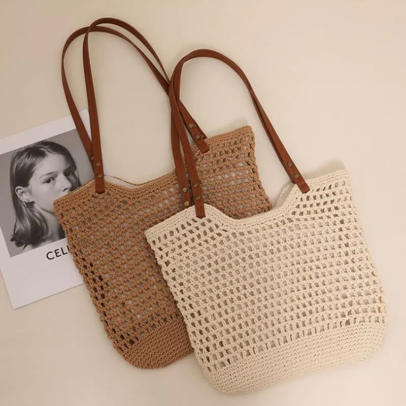 Straw Mesh Tote Beach Shoulder Purse Shopping Hand-Woven Hobo Bag for Women Large Capacity Purse for Holiday Brown
