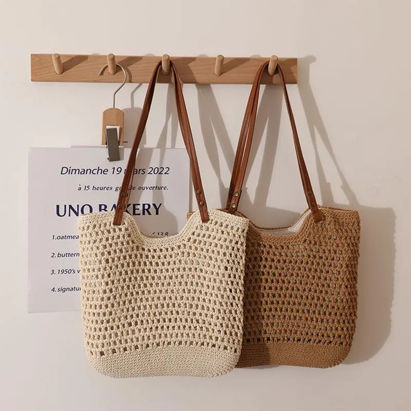 Straw Mesh Tote Beach Shoulder Purse Shopping Hand-Woven Hobo Bag for Women Large Capacity Purse for Holiday Brown
