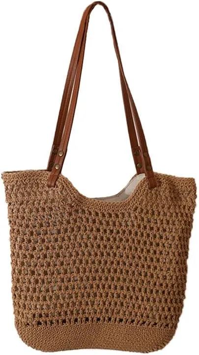Straw Mesh Tote Beach Shoulder Purse Shopping Hand-Woven Hobo Bag for Women Large Capacity Purse for Holiday Brown