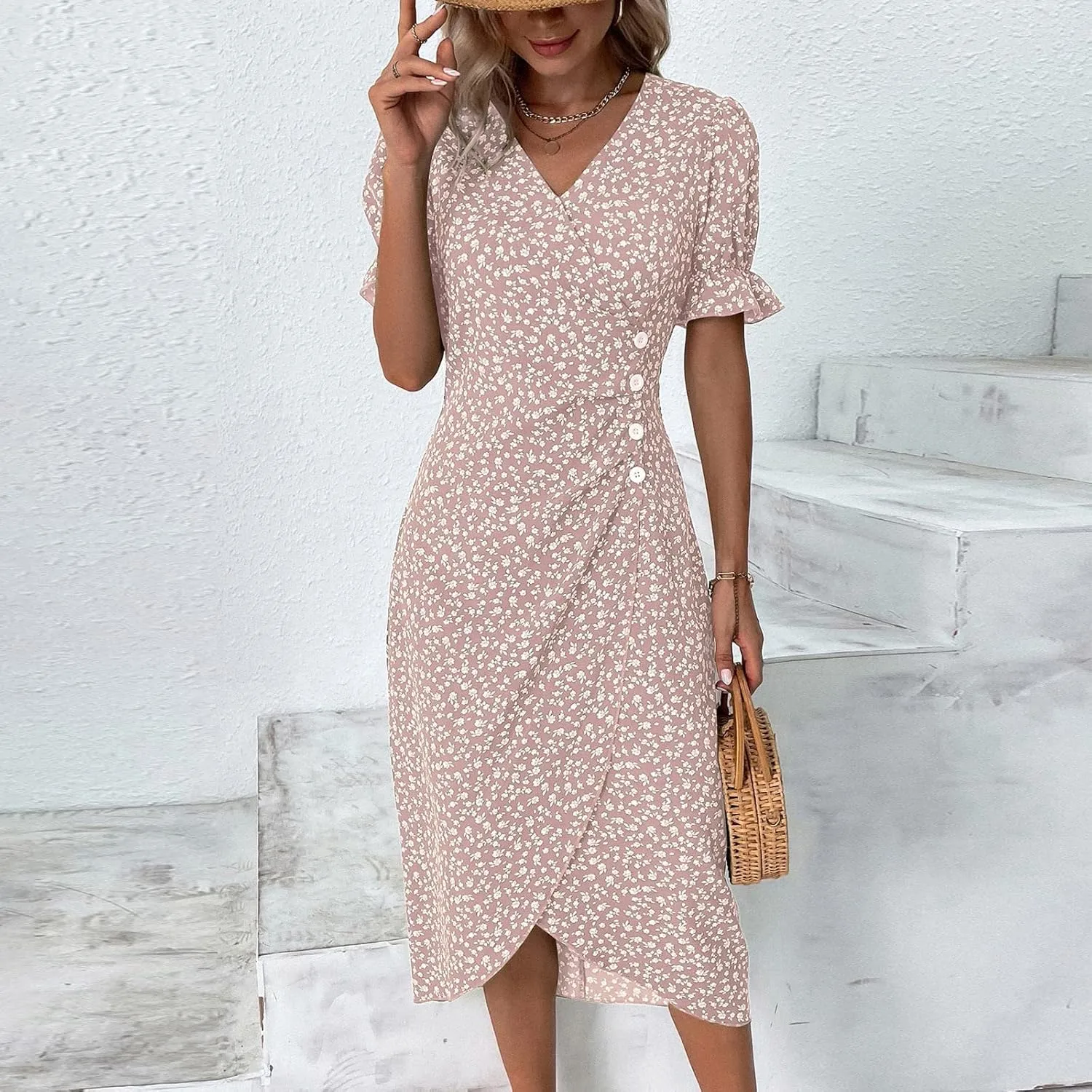 Summer Dresses for Women 2024 Quinceanera Dresses Floral O-Neck Plus Size Wedding Holiday Short Sleeve Maxi Dress