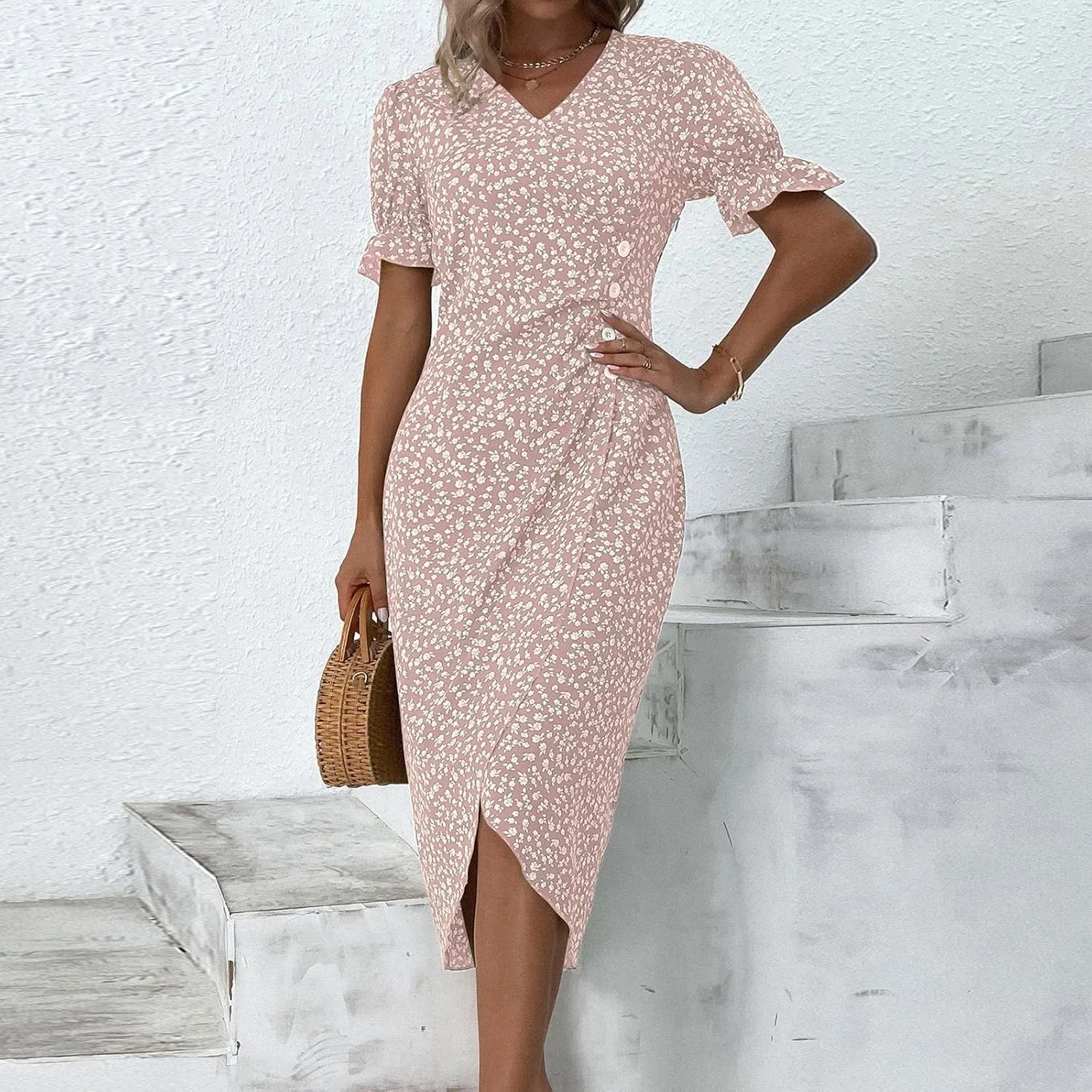 Summer Dresses for Women 2024 Quinceanera Dresses Floral O-Neck Plus Size Wedding Holiday Short Sleeve Maxi Dress
