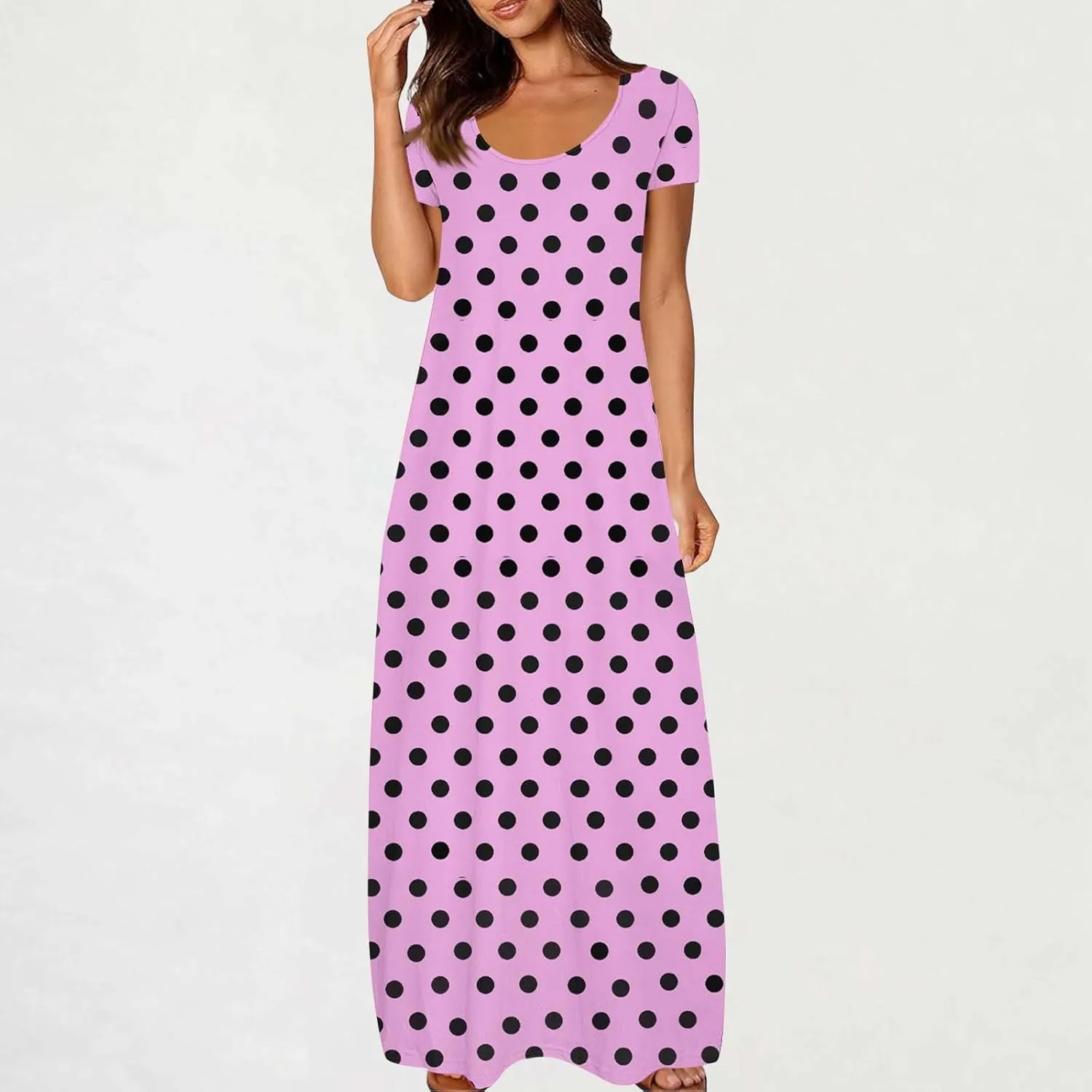 Summer Dresses for Women 2025 Trendy Boho Polkadot Print Cap Sleeve Round-Neck Plus Size Maxi Dress Beach Sundress