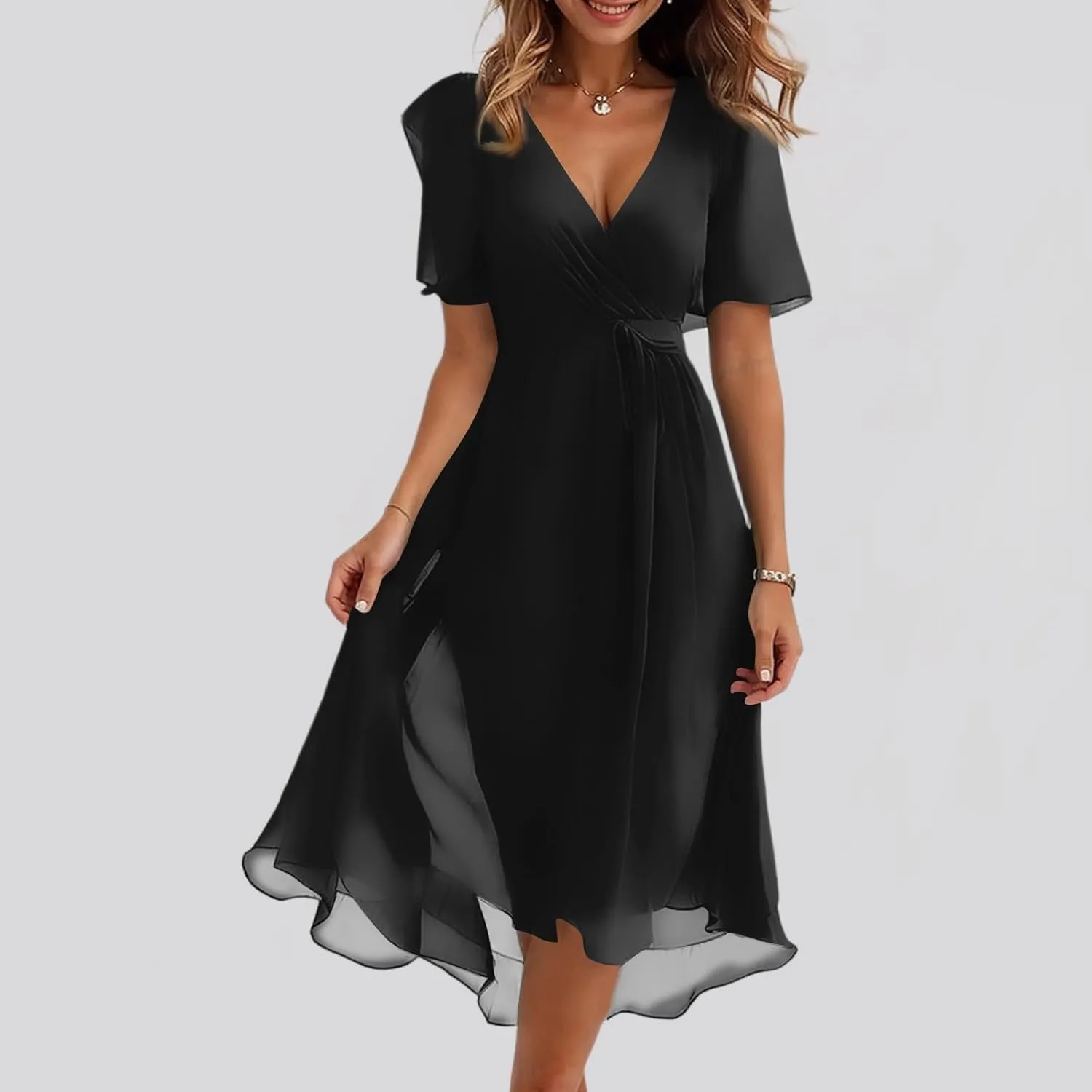 Summer Floral Dresses for Women 2025 Midi Chiffon Dresses Wedding Guest Dress V Neck Short Sleeve Tie Waist Ruffled Hem