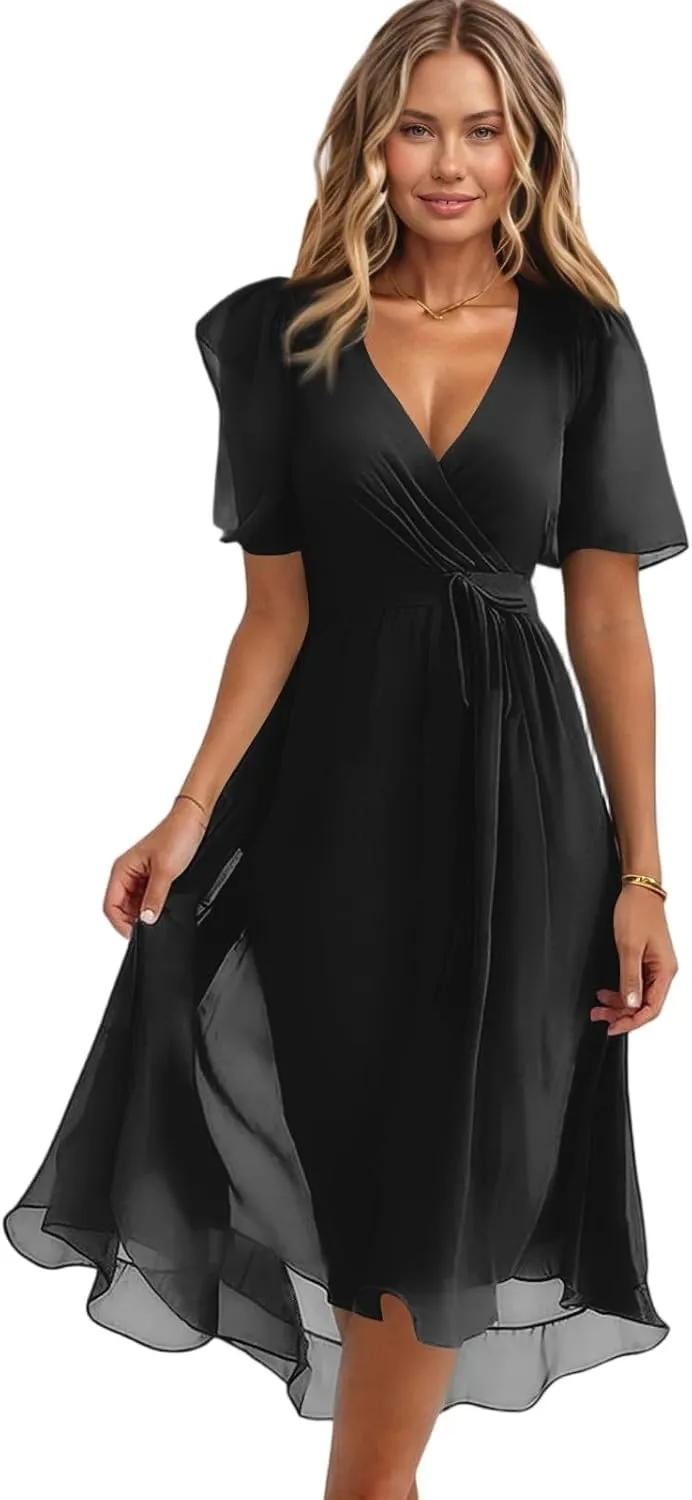 Summer Floral Dresses for Women 2025 Midi Chiffon Dresses Wedding Guest Dress V Neck Short Sleeve Tie Waist Ruffled Hem