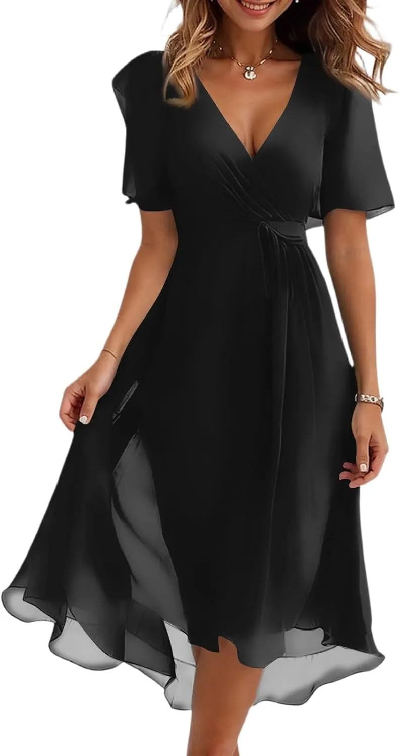 Summer Floral Dresses for Women 2025 Midi Chiffon Dresses Wedding Guest Dress V Neck Short Sleeve Tie Waist Ruffled Hem