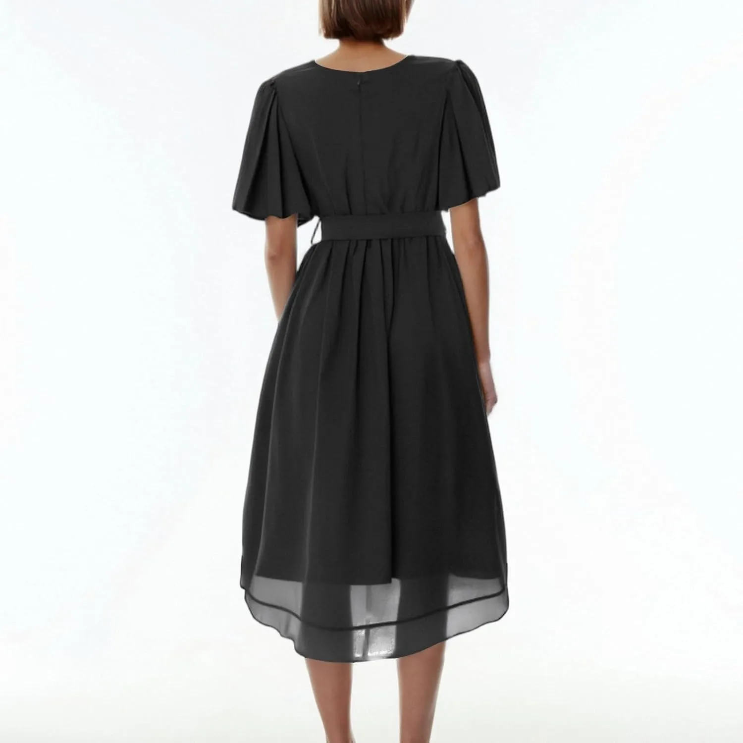 Summer Floral Dresses for Women 2025 Midi Chiffon Dresses Wedding Guest Dress V Neck Short Sleeve Tie Waist Ruffled Hem