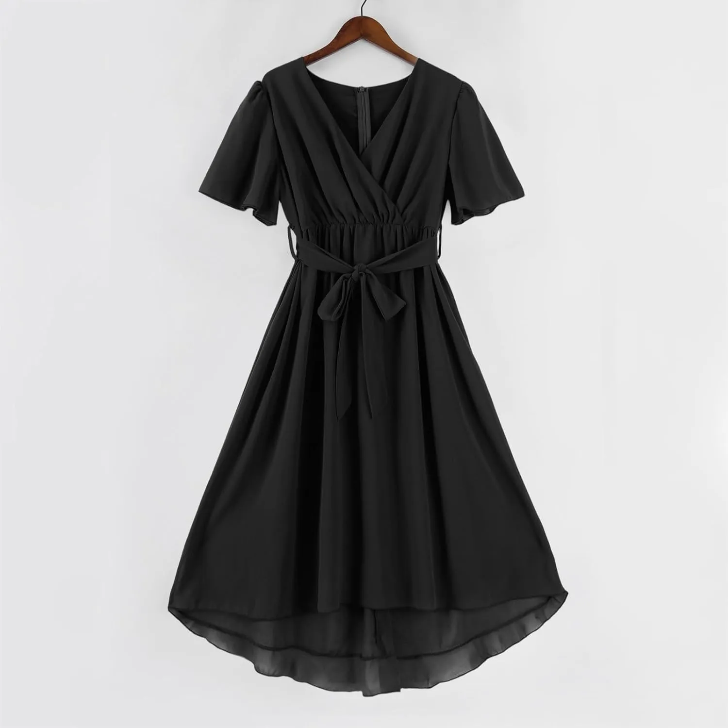 Summer Floral Dresses for Women 2025 Midi Chiffon Dresses Wedding Guest Dress V Neck Short Sleeve Tie Waist Ruffled Hem